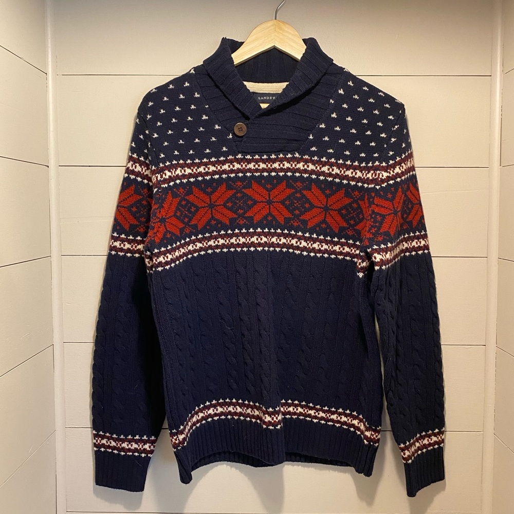 Lands’ End Men's Lambswool Fair Isle Shawl Collar Sweater